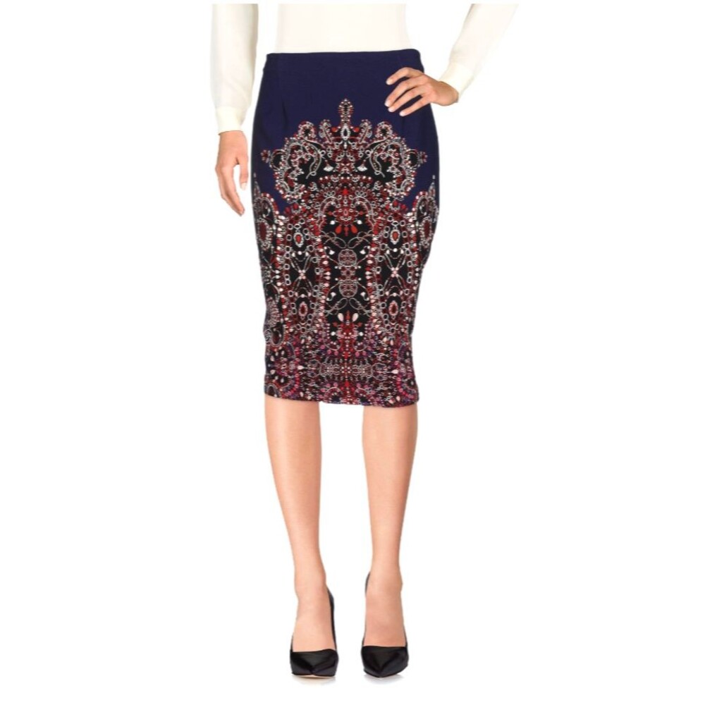 PINKO Women's Navy Blue w/Multicolor Paisley Print Midi Pencil Skirt Sz 8 Italy